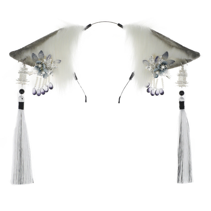 Ancient Style Super Fairy Ink Hair Accessories Tassel Plush Headwear Accessories Japanese Style Girl Comic Exhibition Props Realistic Animal Ear Hairband