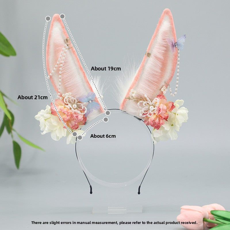 Japanese Lolita Hair Accessories Flower Pearl Headwear Plush Anime Exhibition Realistic Animal Ear Girl Headband Rabbit Ear Hairband