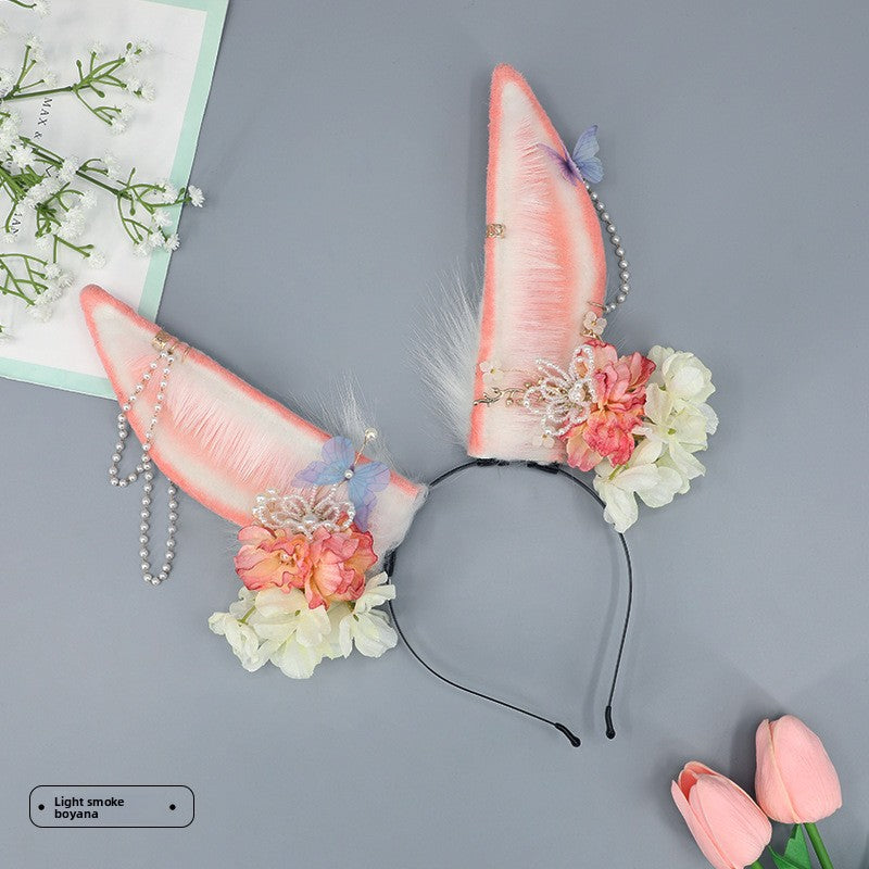 Japanese Lolita Hair Accessories Flower Pearl Headwear Plush Anime Exhibition Realistic Animal Ear Girl Headband Rabbit Ear Hairband