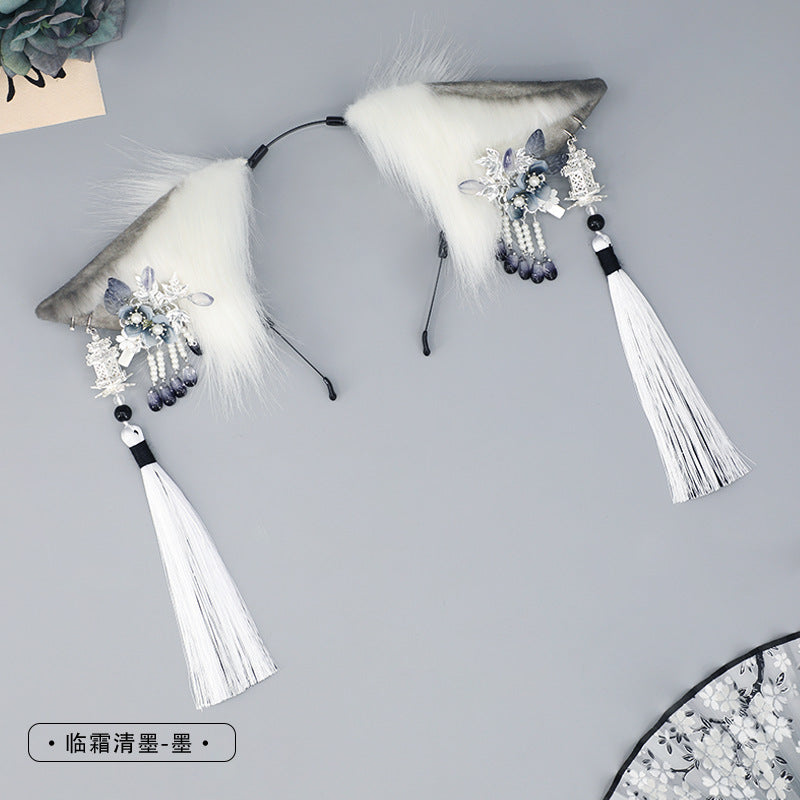 Ancient Style Super Fairy Ink Hair Accessories Tassel Plush Headwear Accessories Japanese Style Girl Comic Exhibition Props Realistic Animal Ear Hairband