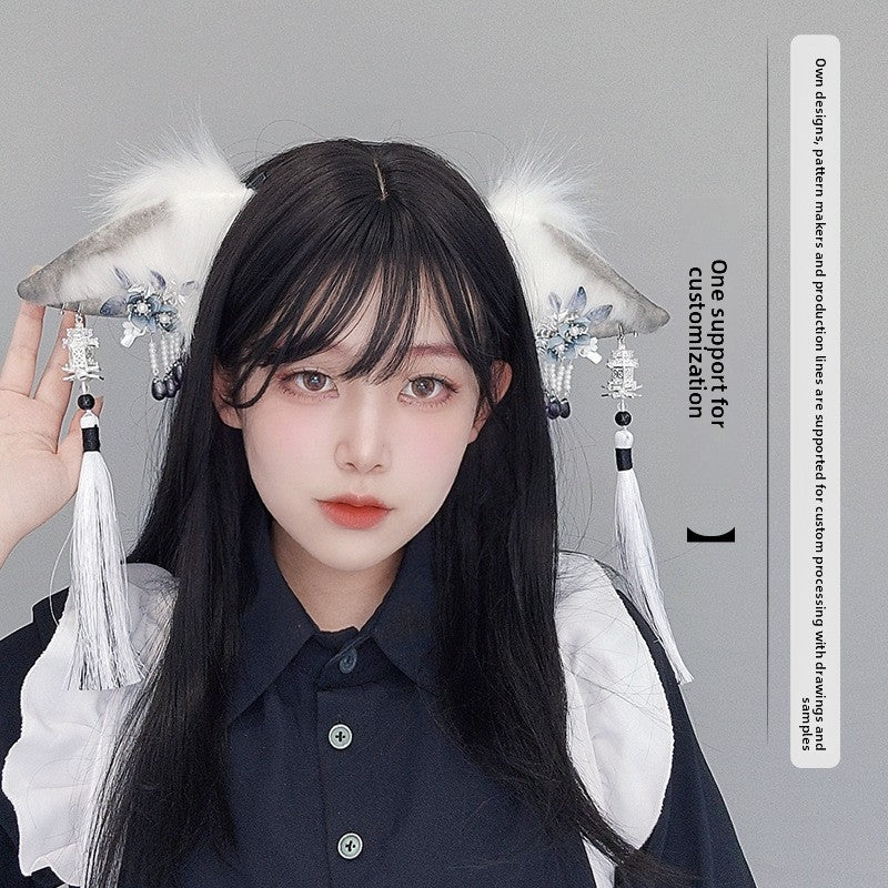Ancient Style Super Fairy Ink Hair Accessories Tassel Plush Headwear Accessories Japanese Style Girl Comic Exhibition Props Realistic Animal Ear Hairband