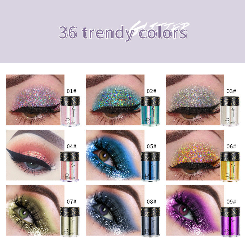 Pudaier Monochrome Eyeshadow Glitter Sequins Mermaid Princess Pearlescent Easy-to-Color 36 Colors Eyeshadow