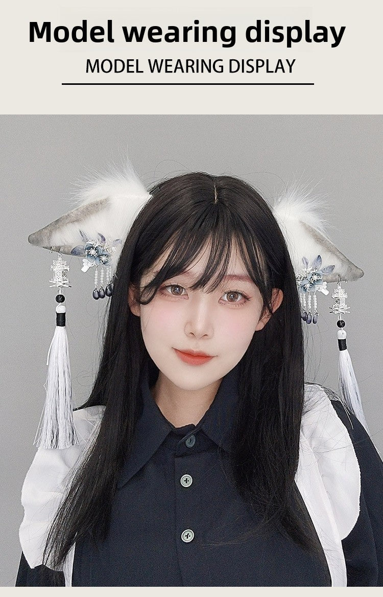 Ancient Style Super Fairy Ink Hair Accessories Tassel Plush Headwear Accessories Japanese Style Girl Comic Exhibition Props Realistic Animal Ear Hairband