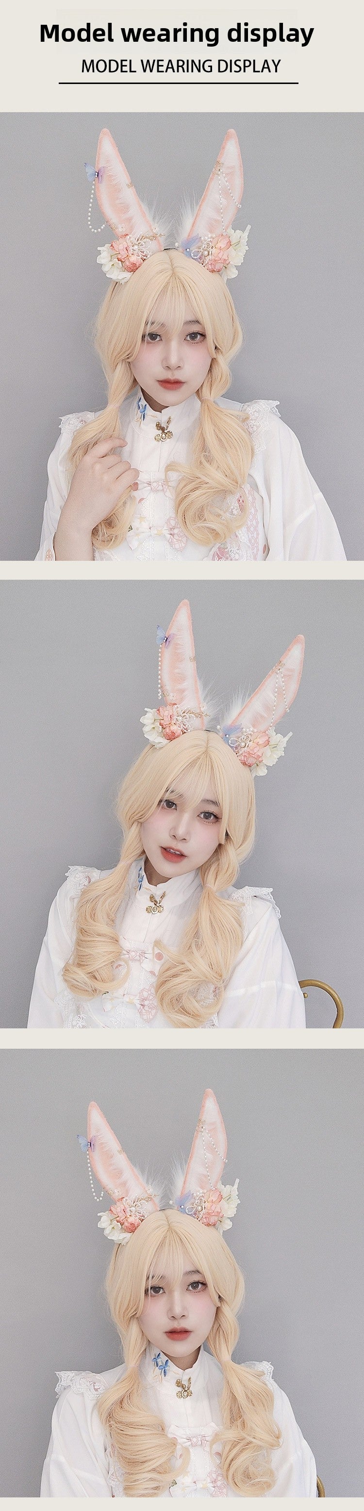 Japanese Lolita Hair Accessories Flower Pearl Headwear Plush Anime Exhibition Realistic Animal Ear Girl Headband Rabbit Ear Hairband