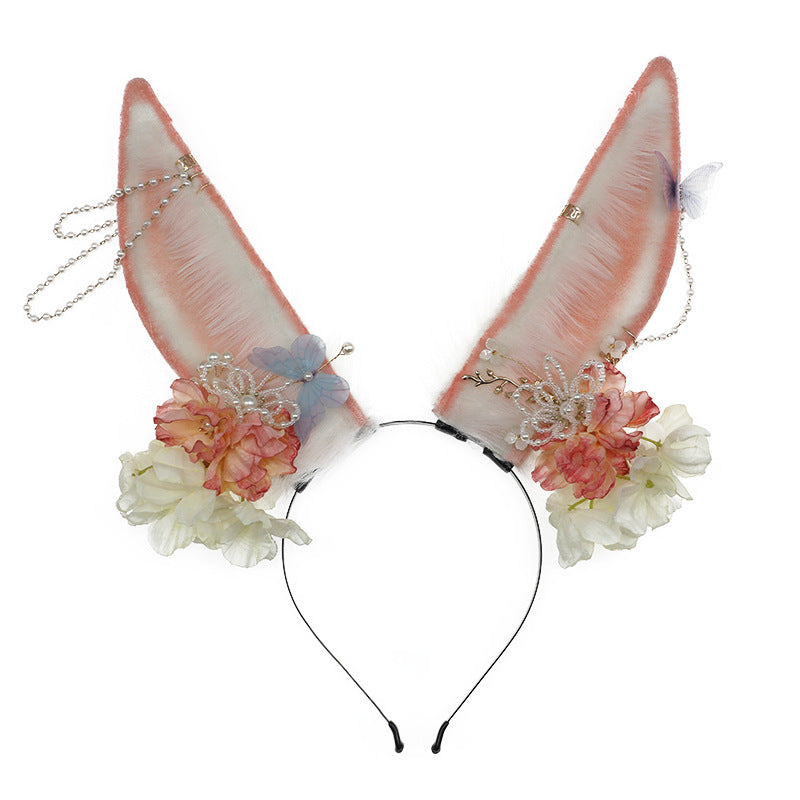Japanese Lolita Hair Accessories Flower Pearl Headwear Plush Anime Exhibition Realistic Animal Ear Girl Headband Rabbit Ear Hairband