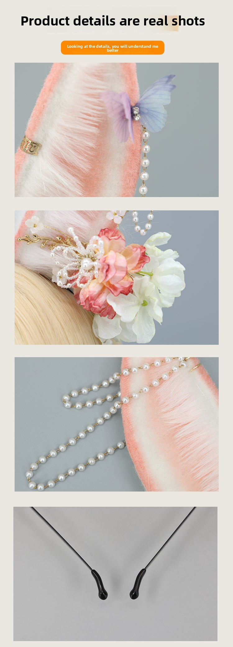Japanese Lolita Hair Accessories Flower Pearl Headwear Plush Anime Exhibition Realistic Animal Ear Girl Headband Rabbit Ear Hairband