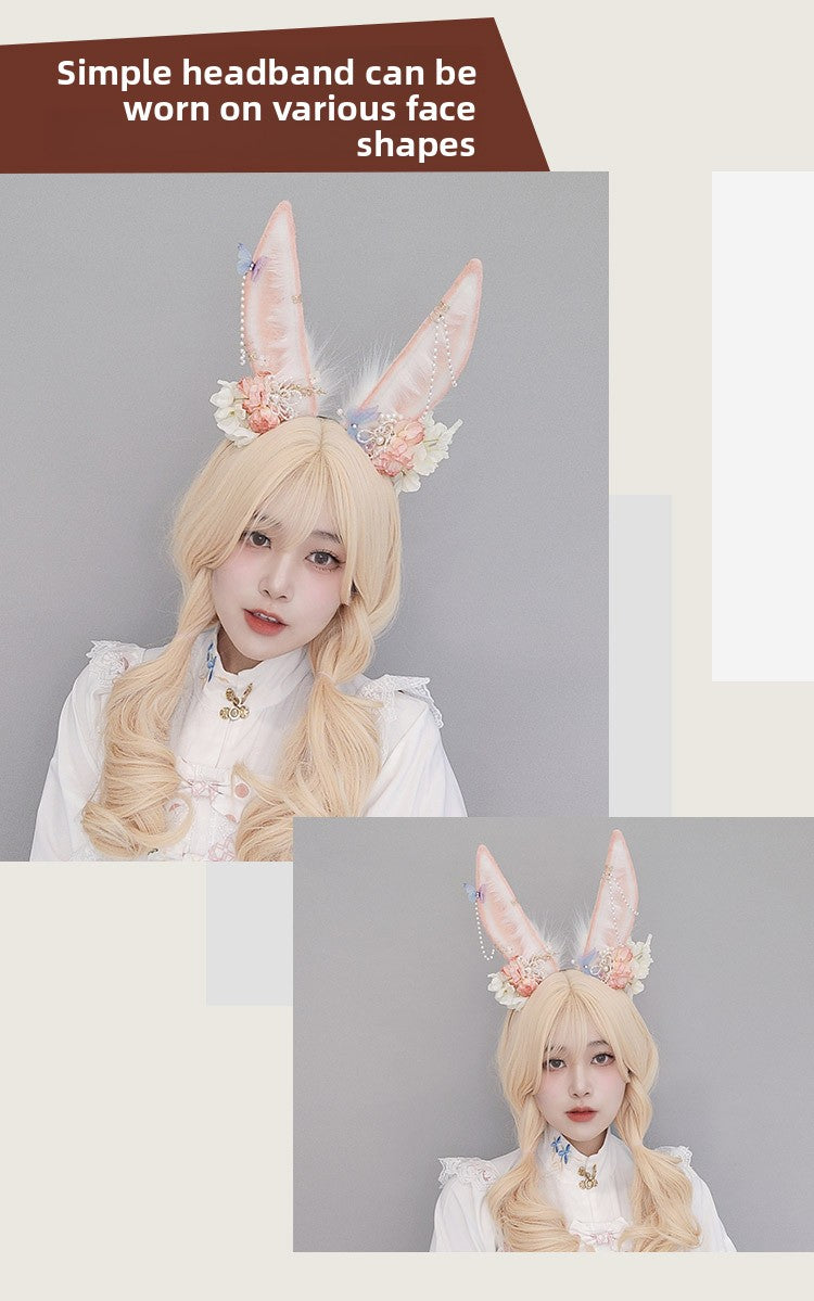 Japanese Lolita Hair Accessories Flower Pearl Headwear Plush Anime Exhibition Realistic Animal Ear Girl Headband Rabbit Ear Hairband