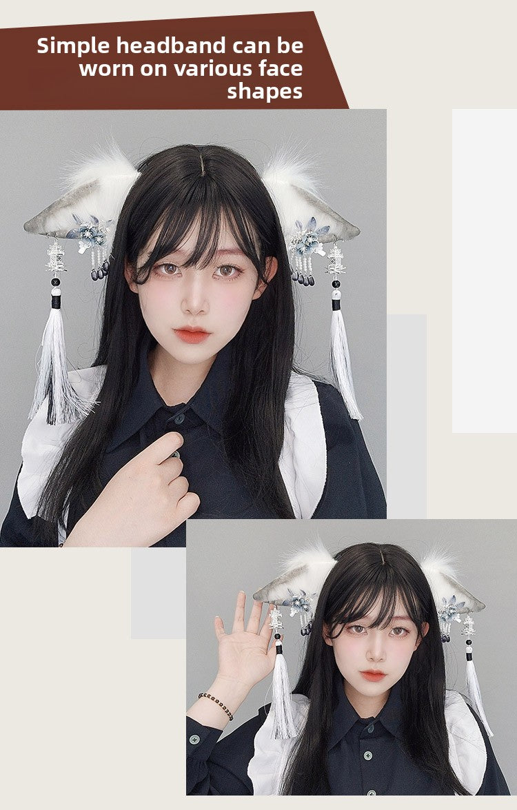 Ancient Style Super Fairy Ink Hair Accessories Tassel Plush Headwear Accessories Japanese Style Girl Comic Exhibition Props Realistic Animal Ear Hairband