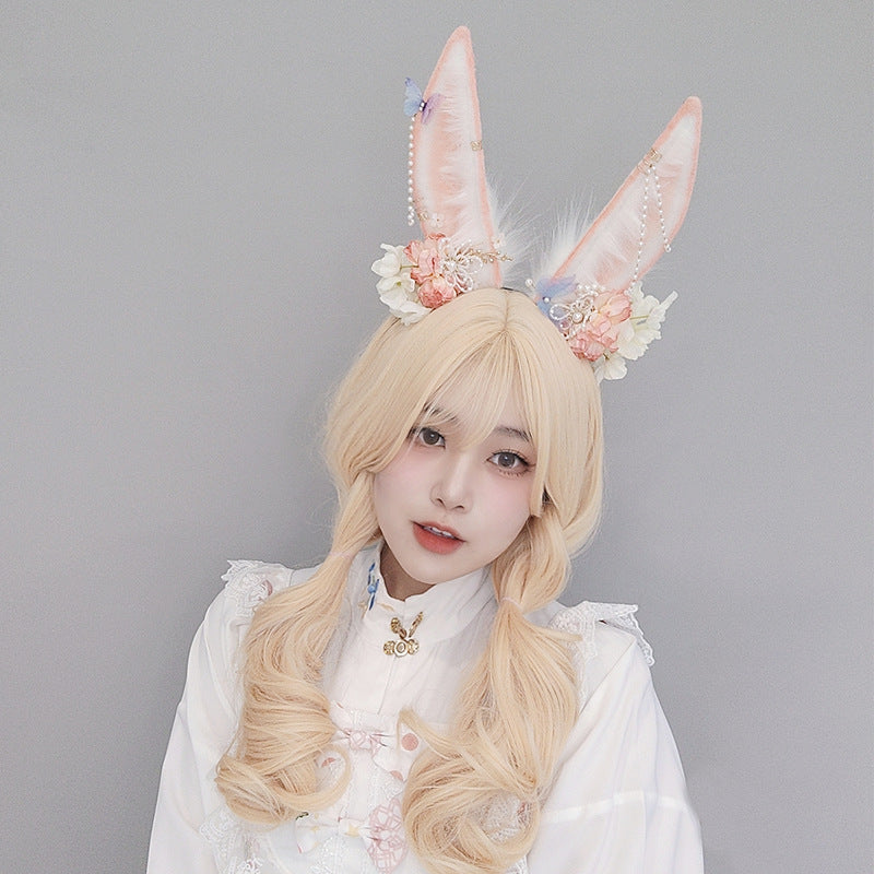 Japanese Lolita Hair Accessories Flower Pearl Headwear Plush Anime Exhibition Realistic Animal Ear Girl Headband Rabbit Ear Hairband