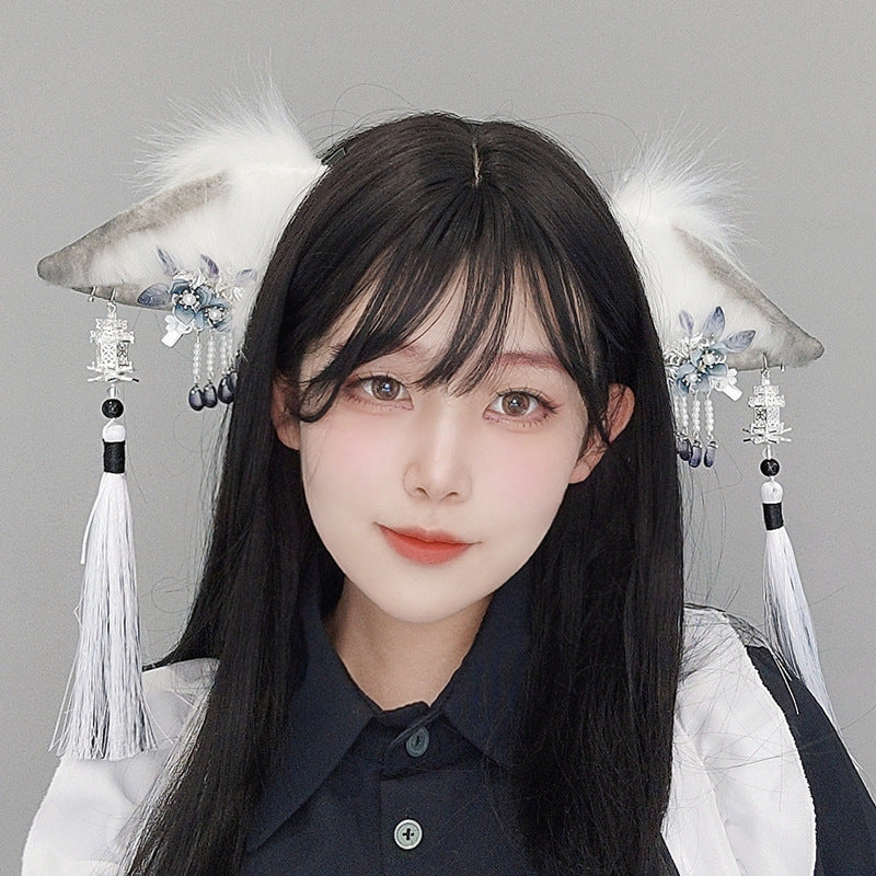Ancient Style Super Fairy Ink Hair Accessories Tassel Plush Headwear Accessories Japanese Style Girl Comic Exhibition Props Realistic Animal Ear Hairband