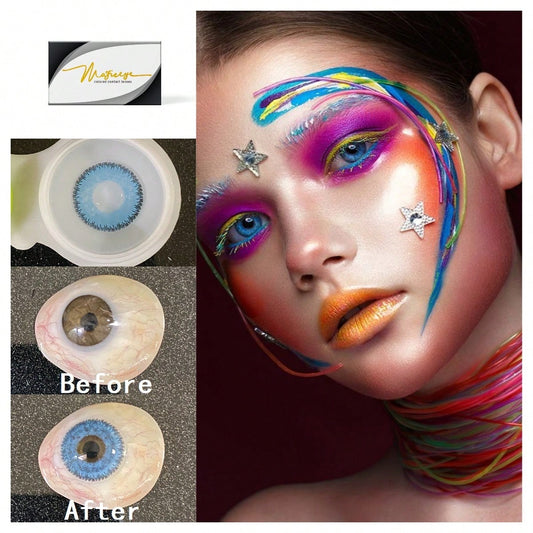 1Pair/2Pces Pomelo Blue Colored Cosmetic Beauty Contact Lens For Dark Eye Lens 14.2mm