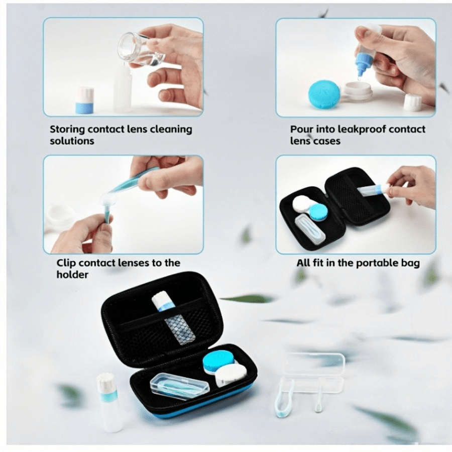 Portable Contact Lens Travel Bag With Contact Lens Case Tweezers Remover Tool Solution Bottle For Daily Outdoor (Blue)