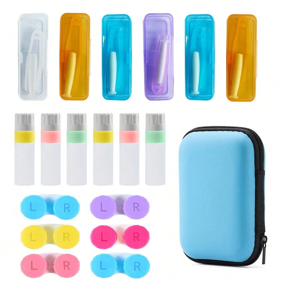 Portable Contact Lens Travel Bag With Contact Lens Case Tweezers Remover Tool Solution Bottle For Daily Outdoor (Blue)