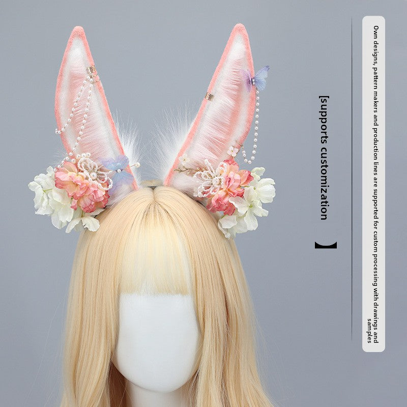 Japanese Lolita Hair Accessories Flower Pearl Headwear Plush Anime Exhibition Realistic Animal Ear Girl Headband Rabbit Ear Hairband